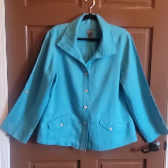 Additions by Chico's-Linen turq. colored collared long sleeved jkt. Size 2=Large - Picture 2 of 11